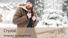  Presentation with luxury fashion outdoors - Presentation theme consisting of men fashion - attractive bearded man standing outdoors background and a coral colored foreground