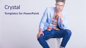  Presentation with eye glasses looking at world - Theme enhanced with men fashion - portrait of sensual casual man background and a sky blue colored foreground