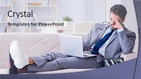  Presentation with broken leg - PPT layouts enhanced with businessman with crutches and broken leg at home working background and a sky blue colored foreground