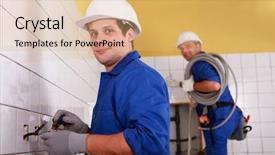  Presentation with electrical - Beautiful presentation theme featuring men fitting electrical sockets backdrop and a coral colored foreground