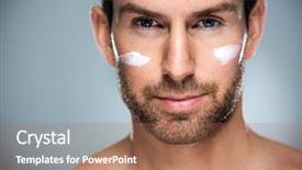  Presentation with men grooming - PPT theme consisting of men grooming - man applying face cream background and a coral colored foreground