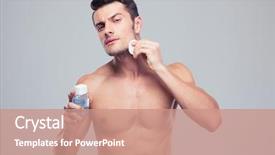  Presentation with men grooming - Slide set having men grooming - man applying lotion after shave background and a coral colored foreground
