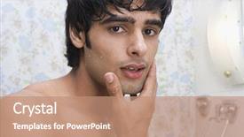  Presentation with men grooming - PPT theme consisting of men grooming - portrait of a man touching background and a coral colored foreground