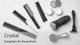  Presentation with men grooming - Beautiful slide set featuring men grooming - shaving accessories for man backdrop and a light gray colored foreground