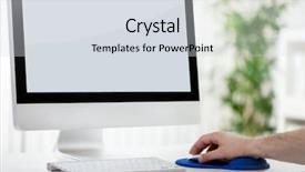  Presentation with computer - PPT theme enhanced with men hand using computer mouse background and a sky blue colored foreground