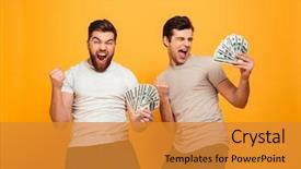  Presentation with bunch - Slide deck with men holding bunch of money background and a gold colored foreground
