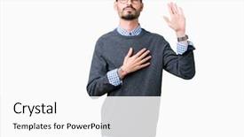  Presentation with hand palm - Colorful PPT theme enhanced with men honor - young handsome smart man wearing backdrop and a white colored foreground