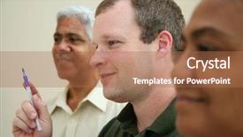  Presentation with women meeting - Audience pleasing slide set consisting of men in a meeting backdrop and a coral colored foreground