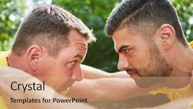  Presentation with virile young men - Colorful presentation enhanced with men in competition and confrontation backdrop and a coral colored foreground