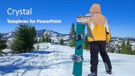  Presentation with snowboard - Slide deck having men in goggles stay with snowboard on the top of mountain background and a cobalt blue colored foreground