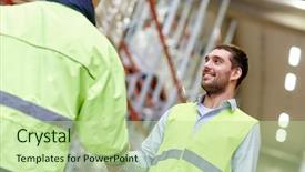  Presentation with shaking hands - Amazing presentation design having men in safety vests shaking backdrop and a mint green colored foreground