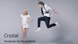  Presentation with next - Colorful slide deck enhanced with men perfume - elegant man jumping next backdrop and a light gray colored foreground