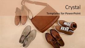  Presentation with men shoes - Colorful slide set enhanced with men's boots leather brown shoes handbag on wooden background backdrop and a coral colored foreground