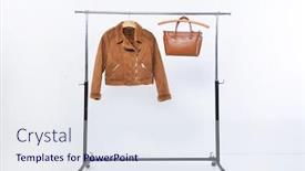  Presentation with brown leather - PPT layouts with men's brown jacket clothes with leather handbag on hanger background and a sky blue colored foreground