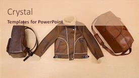  Presentation with leather bag - Beautiful presentation theme featuring men's brown jacket and two leather bag -wooden background backdrop and a lemonade colored foreground