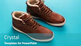  Presentation with men shoes - Audience pleasing presentation consisting of men's brown winter shoes isolated on blue background backdrop and a teal colored foreground