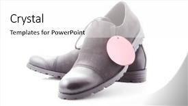  Presentation with dress shoes - Amazing PPT layouts having men's dress shoes with red price tag on a white background close-up backdrop and a white colored foreground