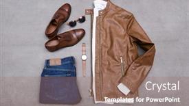  Presentation with fashion accessories - Presentation design consisting of men's fashion casual outfits with accessories flat lay on gray background background and a coral colored foreground