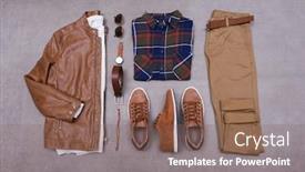  Presentation with fashion accessories - Slide deck with men's fashion casual outfits with accessories flat lay on gray background background and a violet colored foreground