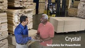  Presentation with text analytics stock exchange - PPT theme featuring men stock-taking in warehouse background and a dark gray colored foreground