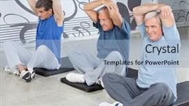  Presentation with stretching - Presentation design with men stretching in fitness center background and a  colored foreground