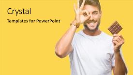  Presentation with chocolate - PPT theme having men symbol - young handsome man eating chocolate background and a yellow colored foreground