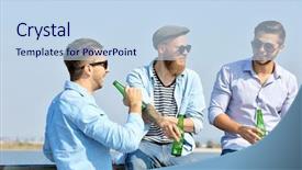  Presentation with virile young men - PPT theme having beer run - young men talking background and a sky blue colored foreground
