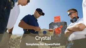  Presentation with combat aircraft - PPT theme with men watching instructor at combat background and a violet colored foreground