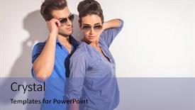  Presentation with glasses - Colorful presentation theme enhanced with men women fashion - portrait of a casual couple backdrop and a ocean colored foreground