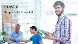  Presentation with flower office desk table - Amazing theme having men workign - handsome businessman using tablet backdrop and a sky blue colored foreground