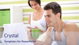  Presentation with reading - Slides having men working on laptop and woman reading book in bedroom background and a sky blue colored foreground