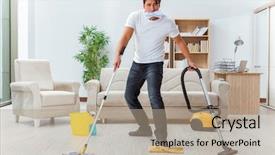  Presentation with helping man - Theme enhanced with menagament - man husband cleaning the house background and a coral colored foreground