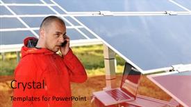  Presentation with solar panels - Slide set enhanced with menagement - engineer working with laptop background and a red colored foreground