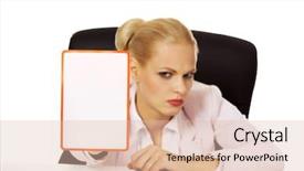  Presentation with desk - Slide deck enhanced with menagement - serious business woman sitting behind background and a  colored foreground