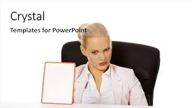  Presentation with desk - PPT layouts consisting of menagement - serious business woman sitting behind background and a  colored foreground