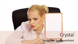  Presentation with desk - Amazing presentation design having menagement - serious business woman sitting behind backdrop and a  colored foreground