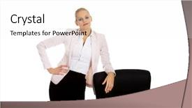  Presentation with standing on scooter - Colorful theme enhanced with menagement - young busiess woman standing behind backdrop and a  colored foreground