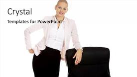  Presentation with desk - Slide set featuring menagement - young busiess woman standing behind background and a  colored foreground