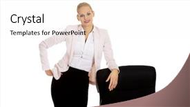  Presentation with standing on scooter - Colorful PPT layouts enhanced with menagement - young busiess woman standing behind backdrop and a white colored foreground