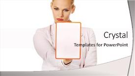  Presentation with young business woman smile show - PPT theme featuring menagement - young business woman holding background and a sky blue colored foreground