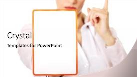  Presentation with young business woman smile show - Presentation design featuring menagement - young business woman holding background and a sky blue colored foreground