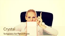  Presentation with young business woman smile show - Colorful PPT layouts enhanced with menagement - young business woman sitting behind backdrop and a  colored foreground