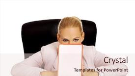  Presentation with young business woman smile show - Beautiful PPT theme featuring menagement - young business woman sitting behind backdrop and a  colored foreground