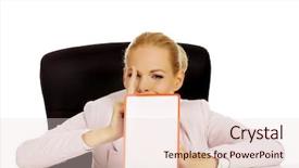  Presentation with young business woman smile show - Colorful PPT layouts enhanced with menagement - young business woman sitting behind backdrop and a lemonade colored foreground