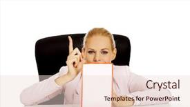  Presentation with desk - PPT theme featuring menagement - young business woman sitting behind background and a lemonade colored foreground