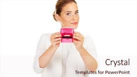  Presentation with rubber - Colorful slide set enhanced with menagement - young businesswoman holding pink rubber backdrop and a sky blue colored foreground