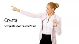  Presentation with focus - Audience pleasing slide deck consisting of menagement - young focus business woman explaining backdrop and a  colored foreground