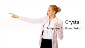  Presentation with young business woman smile show - PPT theme featuring menagement - young focus business woman explaining background and a sky blue colored foreground