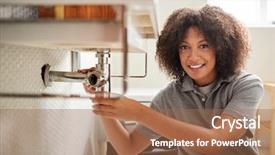  Presentation with plumber - Amazing slides having mending - young black female plumber sitting backdrop and a coral colored foreground