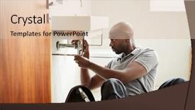  Presentation with plumber - Audience pleasing slide set consisting of mending - young black male plumber sitting backdrop and a lemonade colored foreground